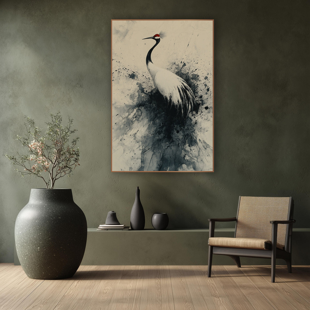 Red-Crowned Crane Ink Splash Japandi wall art in a calm Japandi-style room – crane with red crown and white feathers