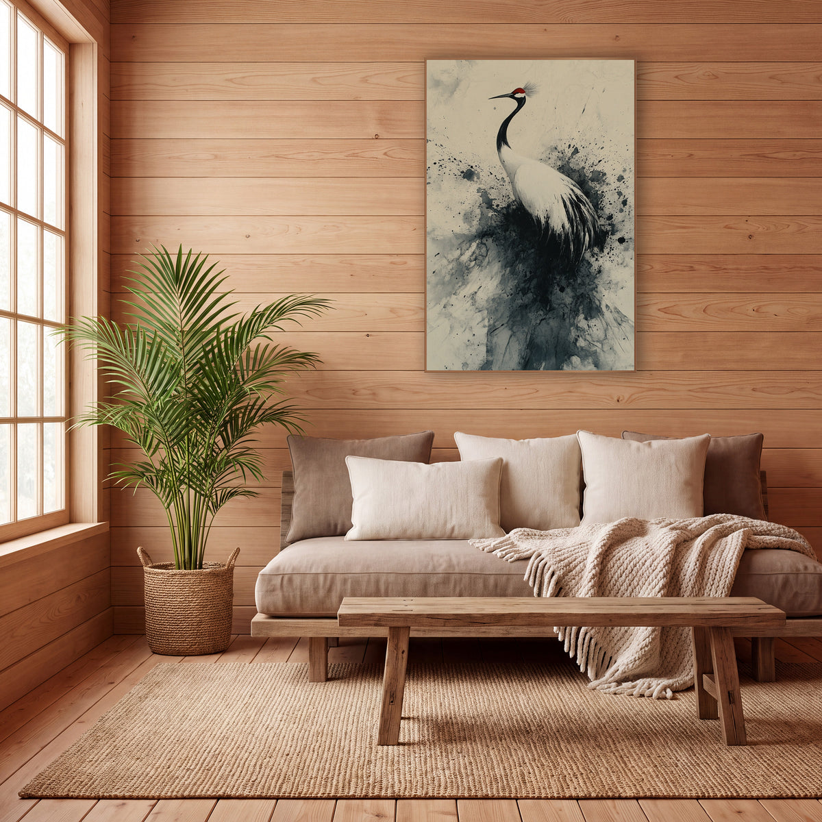 Red-Crowned Crane Ink Splash Japandi wall art in a calm Japandi-style room – crane with red crown and white feathers