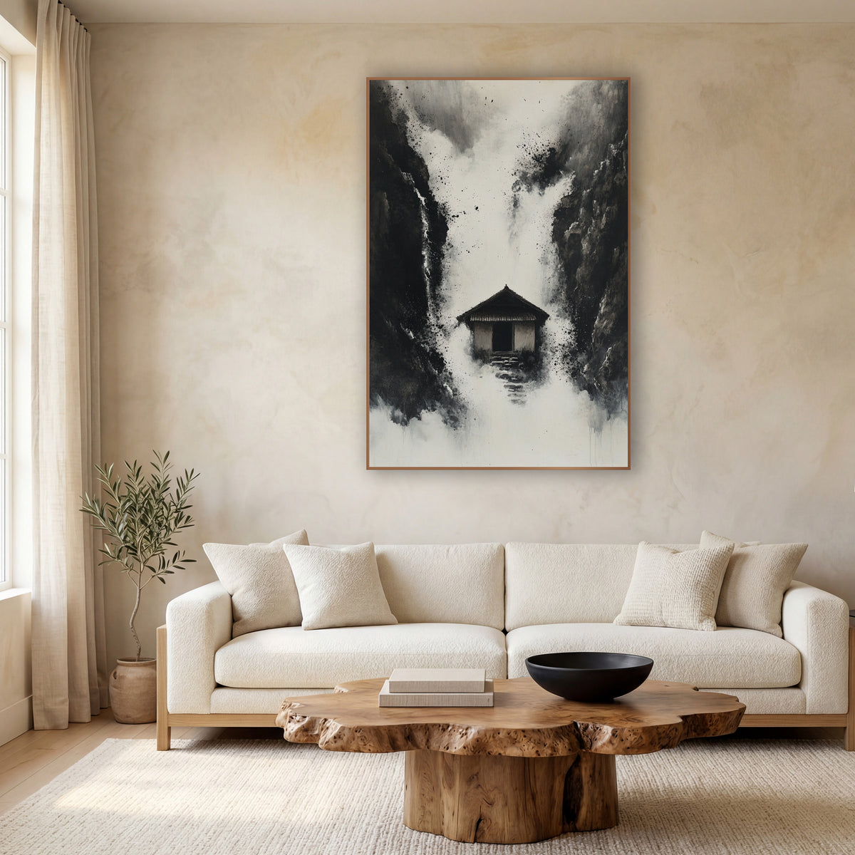 Misty Gorge Hut Ink Landscape wall art in a calm Japandi-style room – black and white ink-style landscape of a small