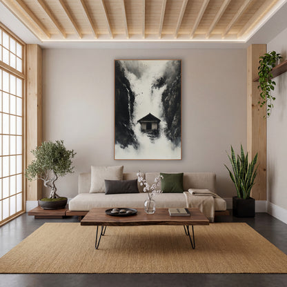Misty Gorge Hut Ink Landscape wall art in a calm Japandi-style room – black and white ink-style landscape of a small