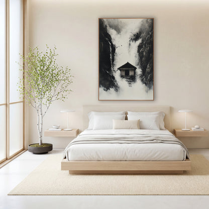 Misty Gorge Hut Ink Landscape wall art in a calm Japandi-style room – black and white ink-style landscape of a small