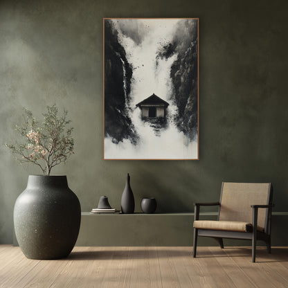 Misty Gorge Hut Ink Landscape wall art in a calm Japandi-style room – black and white ink-style landscape of a small