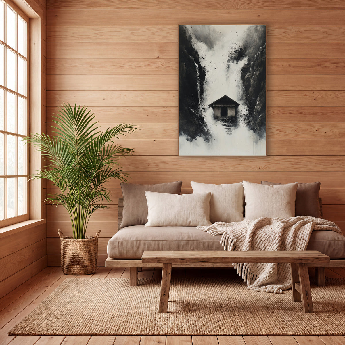 Misty Gorge Hut Ink Landscape wall art in a calm Japandi-style room – black and white ink-style landscape of a small