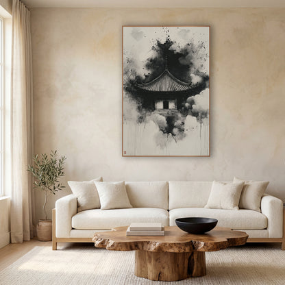 Black Ink Temple Roof Japandi wall art in a calm Japandi-style room – black ink temple roof with slender spire