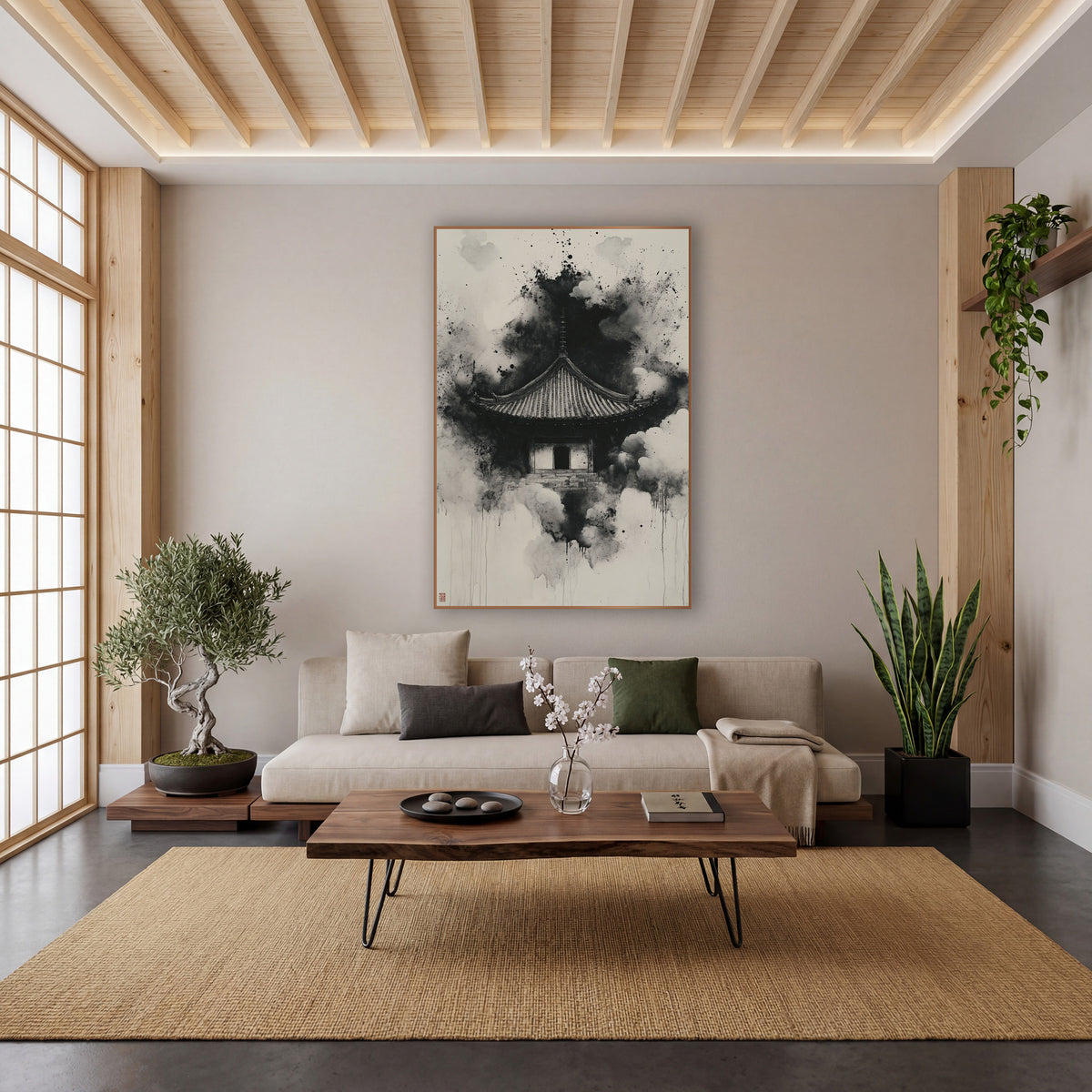 Black Ink Temple Roof Japandi wall art in a calm Japandi-style room – black ink temple roof with slender spire