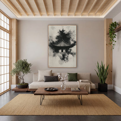 Black Ink Temple Roof Japandi wall art in a calm Japandi-style room – black ink temple roof with slender spire