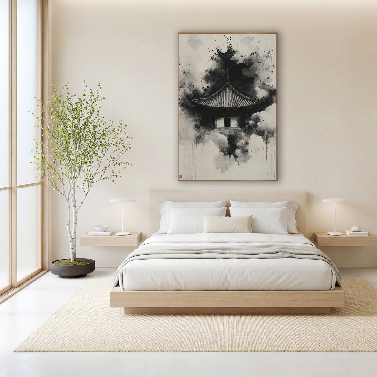 Black Ink Temple Roof Japandi wall art in a calm Japandi-style room – black ink temple roof with slender spire