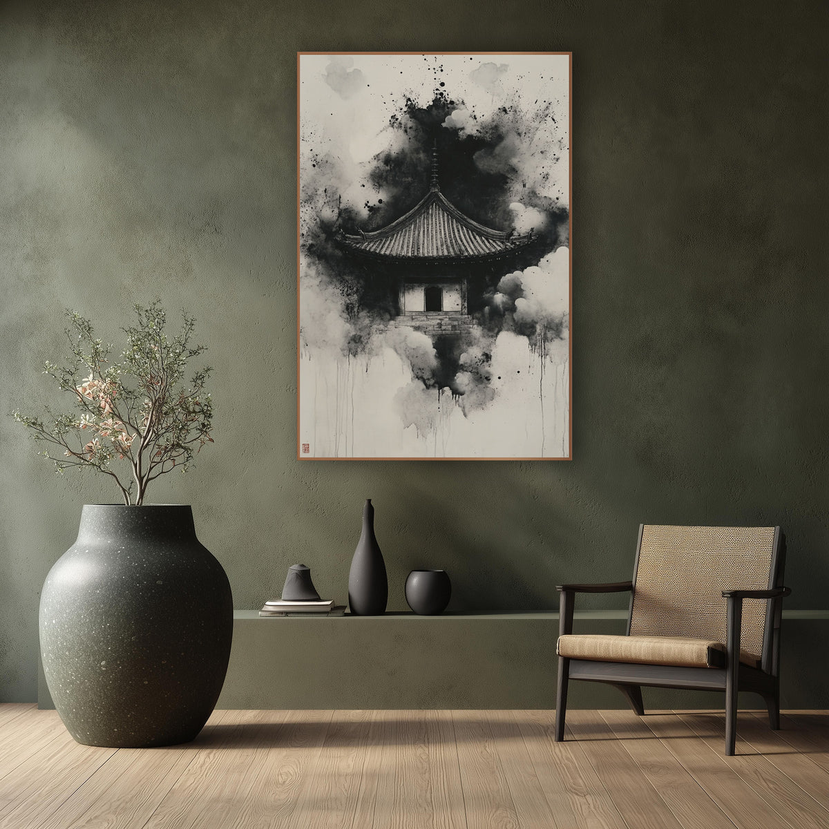 Black Ink Temple Roof Japandi wall art in a calm Japandi-style room – black ink temple roof with slender spire