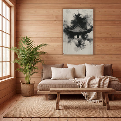 Black Ink Temple Roof Japandi wall art in a calm Japandi-style room – black ink temple roof with slender spire