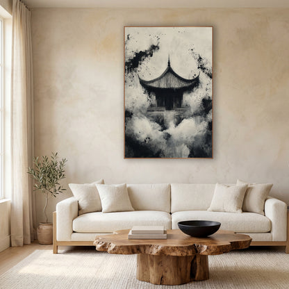 Misty Temple Ink Japandi wall art in a calm Japandi-style room – black and cream ink-style artwork of a small temple