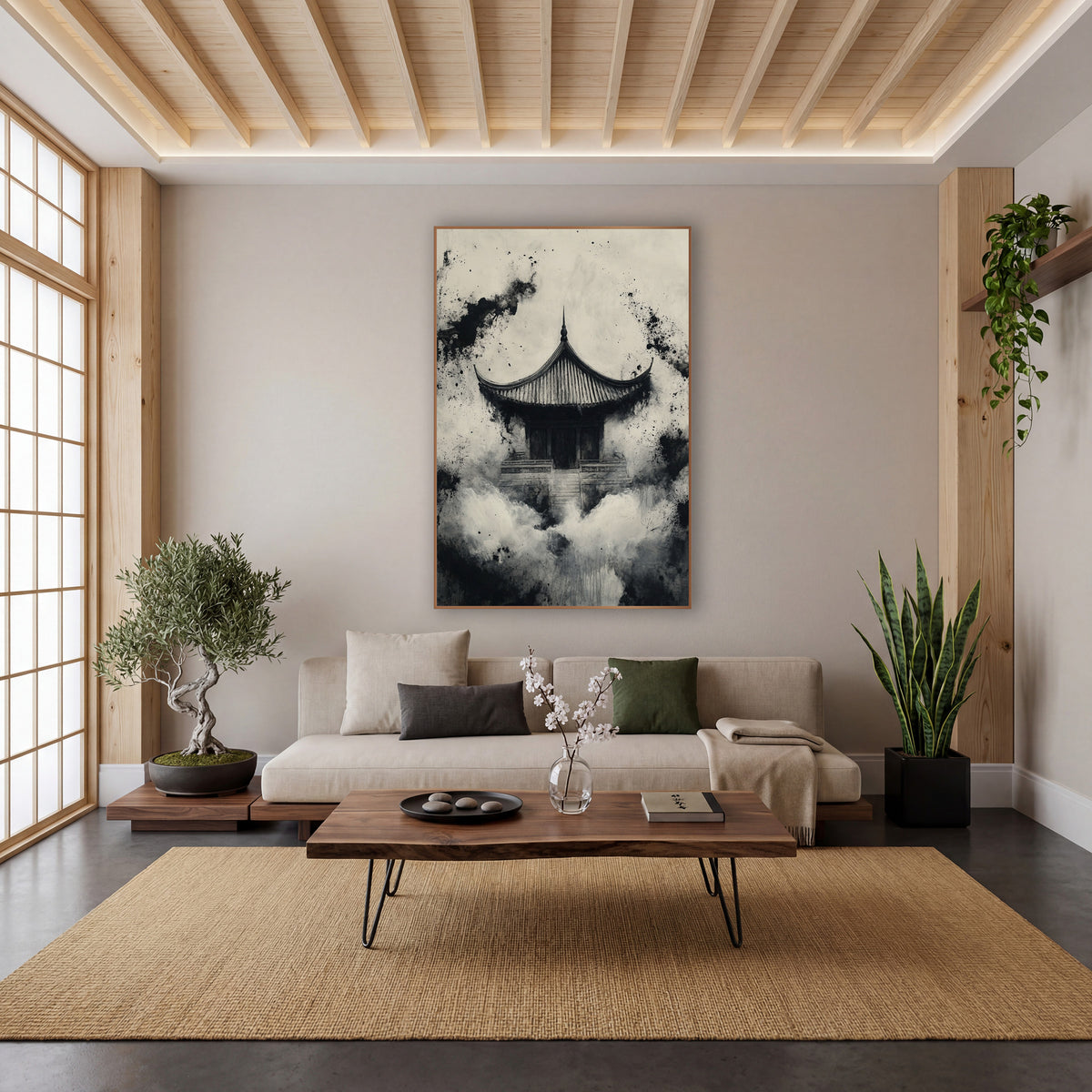 Misty Temple Ink Japandi wall art in a calm Japandi-style room – black and cream ink-style artwork of a small temple