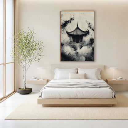 Misty Temple Ink Japandi wall art in a calm Japandi-style room – black and cream ink-style artwork of a small temple
