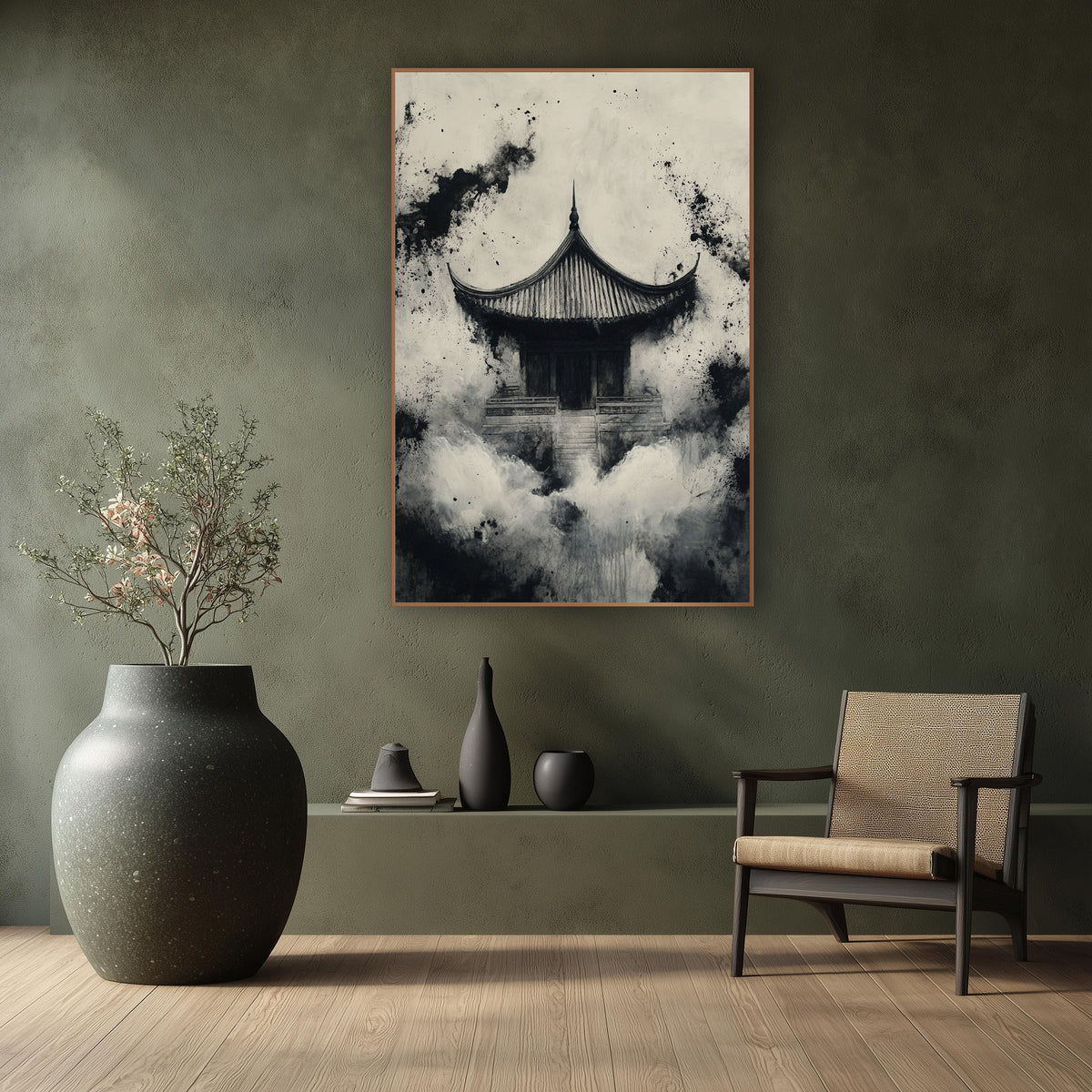 Misty Temple Ink Japandi wall art in a calm Japandi-style room – black and cream ink-style artwork of a small temple