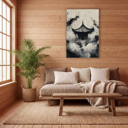 Misty Temple Ink Japandi wall art in a calm Japandi-style room – black and cream ink-style artwork of a small temple