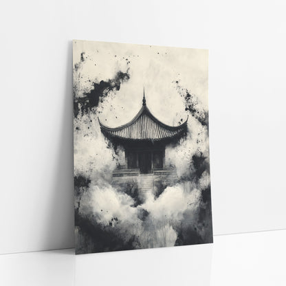 Misty Temple Ink Japandi art print leaning against a white wall – black and cream ink-style artwork of a small temple