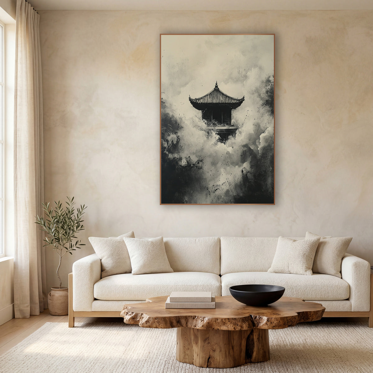 Ink Pagoda Misty Japandi wall art in a calm Japandi-style room – small pagoda with curved roof surrounded by billowing