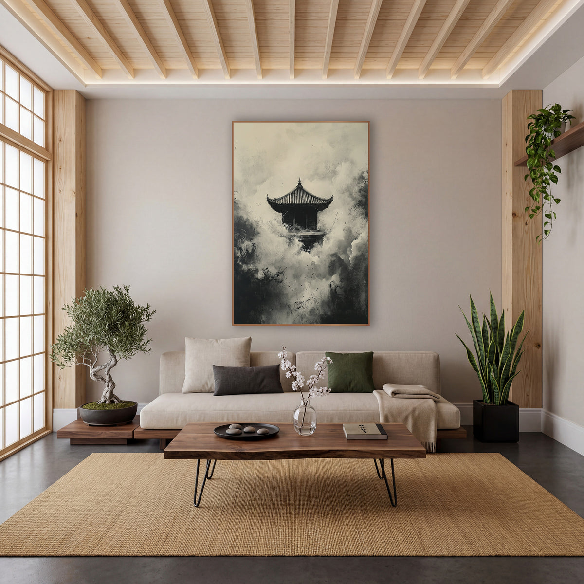 Ink Pagoda Misty Japandi wall art in a calm Japandi-style room – small pagoda with curved roof surrounded by billowing