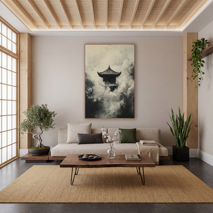 Ink Pagoda Misty Japandi wall art in a calm Japandi-style room – small pagoda with curved roof surrounded by billowing