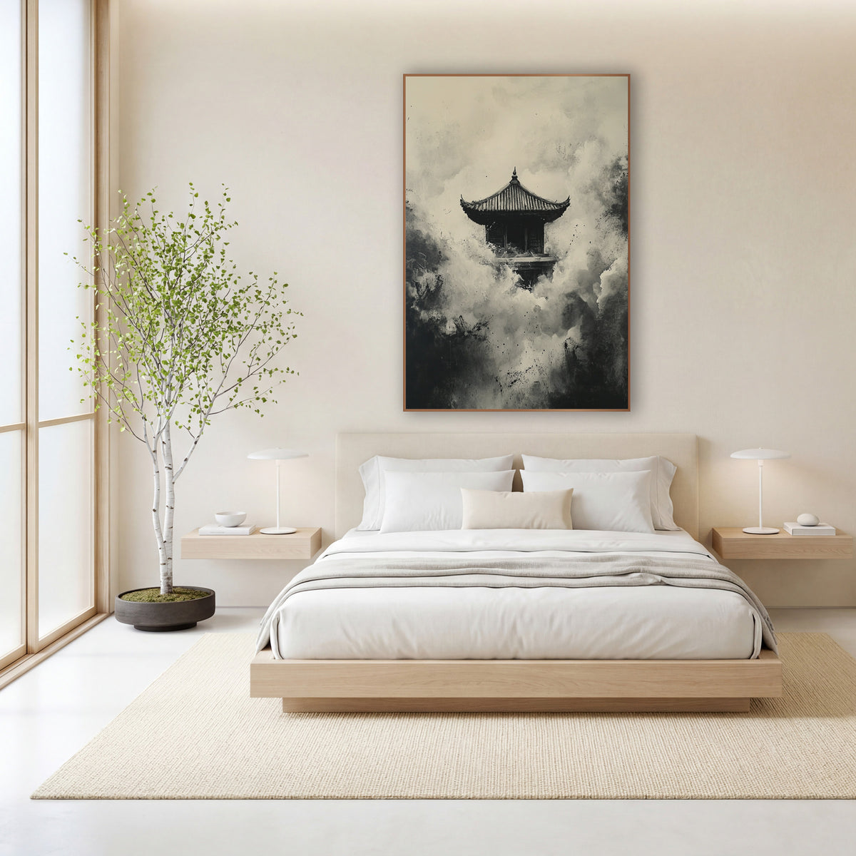 Ink Pagoda Misty Japandi wall art in a calm Japandi-style room – small pagoda with curved roof surrounded by billowing