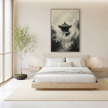 Ink Pagoda Misty Japandi wall art in a calm Japandi-style room – small pagoda with curved roof surrounded by billowing