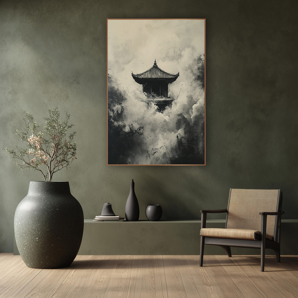 Ink Pagoda Misty Japandi wall art in a calm Japandi-style room – small pagoda with curved roof surrounded by billowing