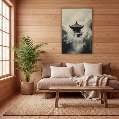 Ink Pagoda Misty Japandi wall art in a calm Japandi-style room – small pagoda with curved roof surrounded by billowing