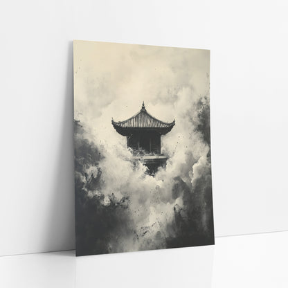 Ink Pagoda Misty Japandi art print leaning against a white wall – small pagoda with curved roof surrounded by billowing black
