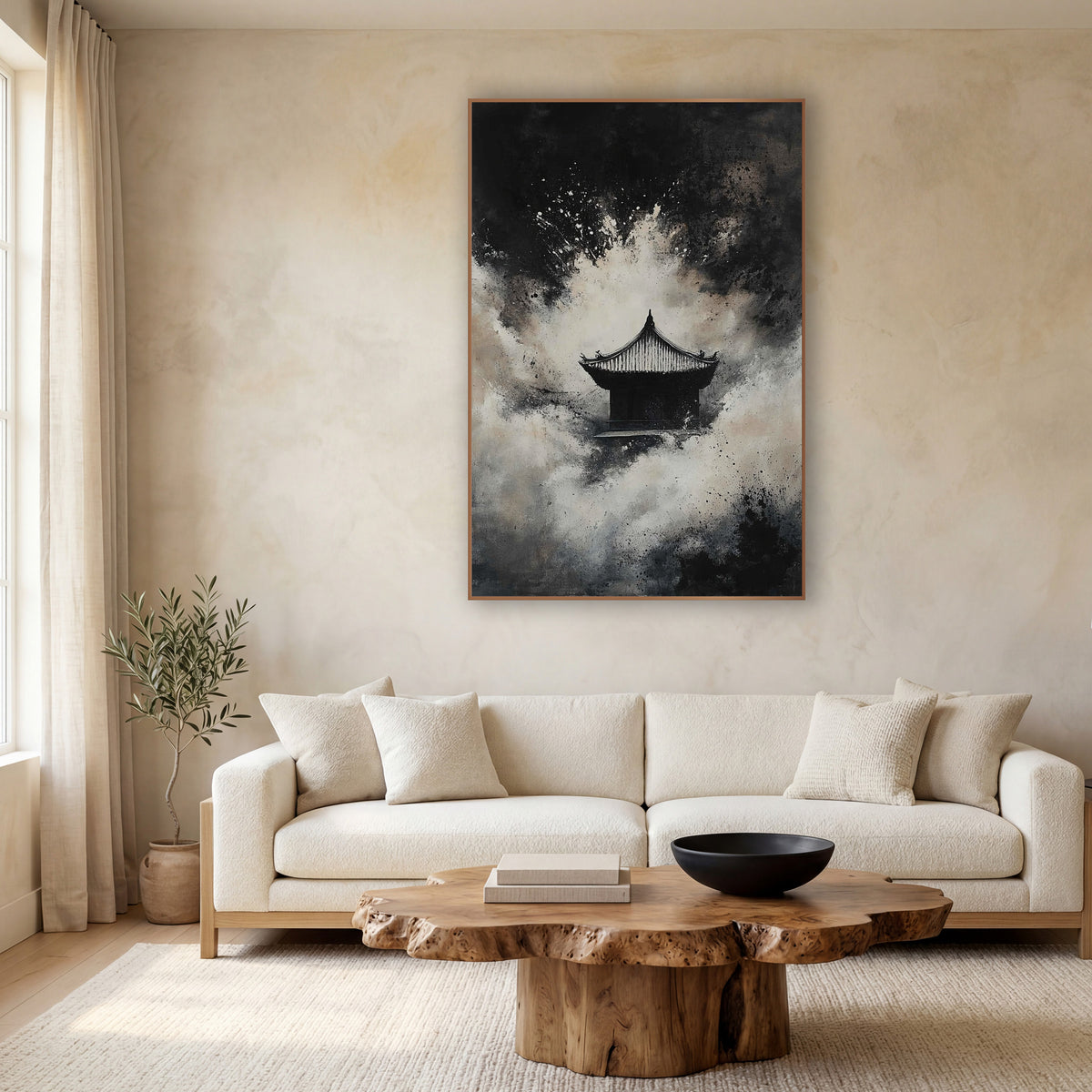 Mist Temple Ink Japandi wall art in a calm Japandi-style room – small Asian temple with curved roof in cream mist