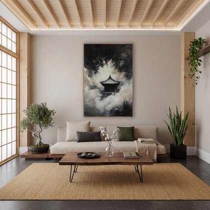 Mist Temple Ink Japandi wall art in a calm Japandi-style room – small Asian temple with curved roof in cream mist