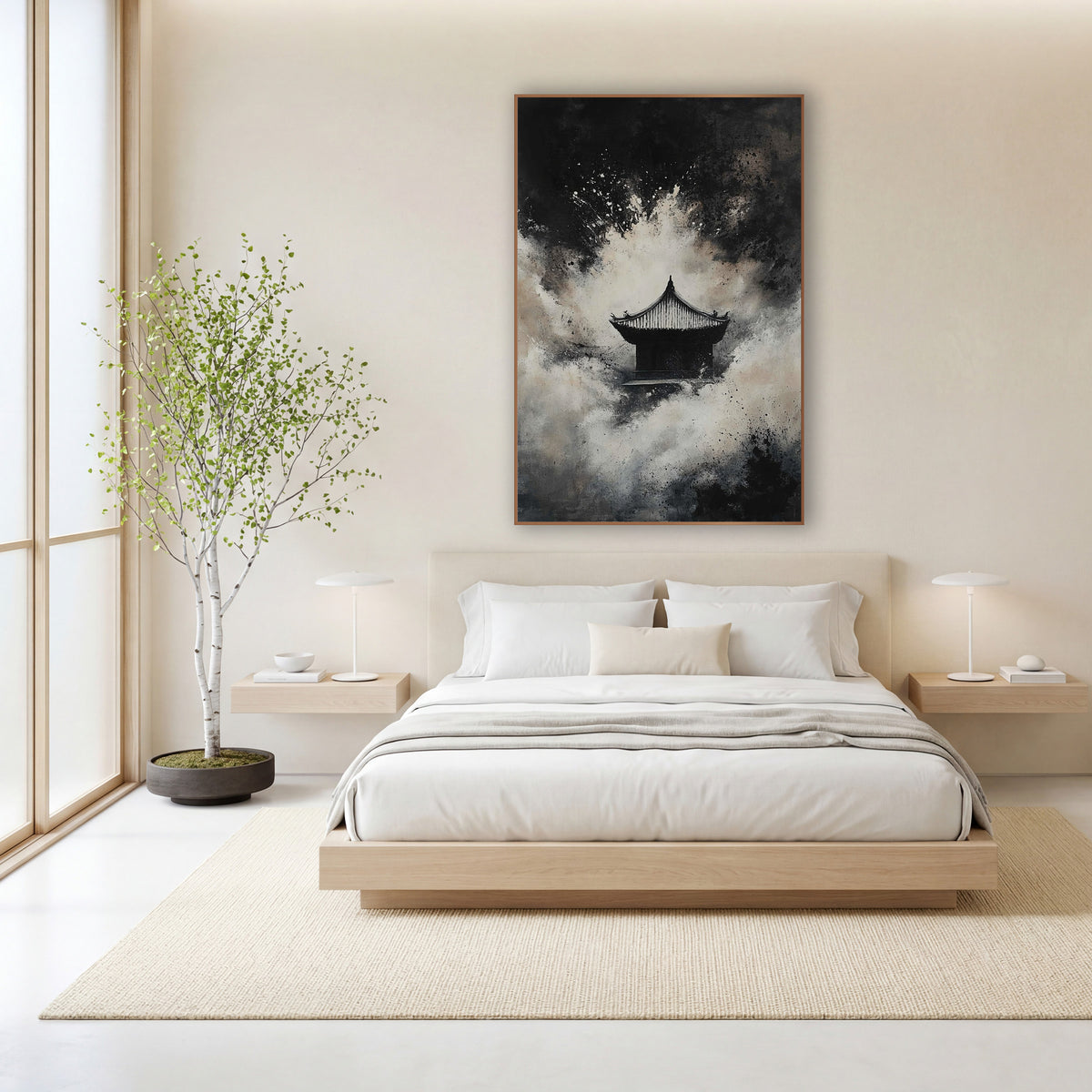 Mist Temple Ink Japandi wall art in a calm Japandi-style room – small Asian temple with curved roof in cream mist