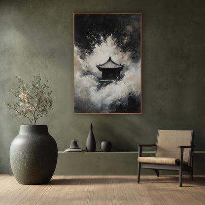 Mist Temple Ink Japandi wall art in a calm Japandi-style room – small Asian temple with curved roof in cream mist
