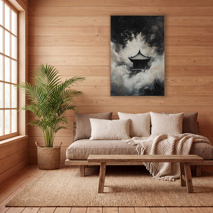 Mist Temple Ink Japandi wall art in a calm Japandi-style room – small Asian temple with curved roof in cream mist