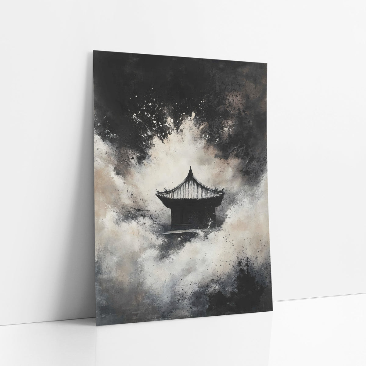Mist Temple Ink Japandi art print leaning against a white wall – small Asian temple with curved roof in cream mist