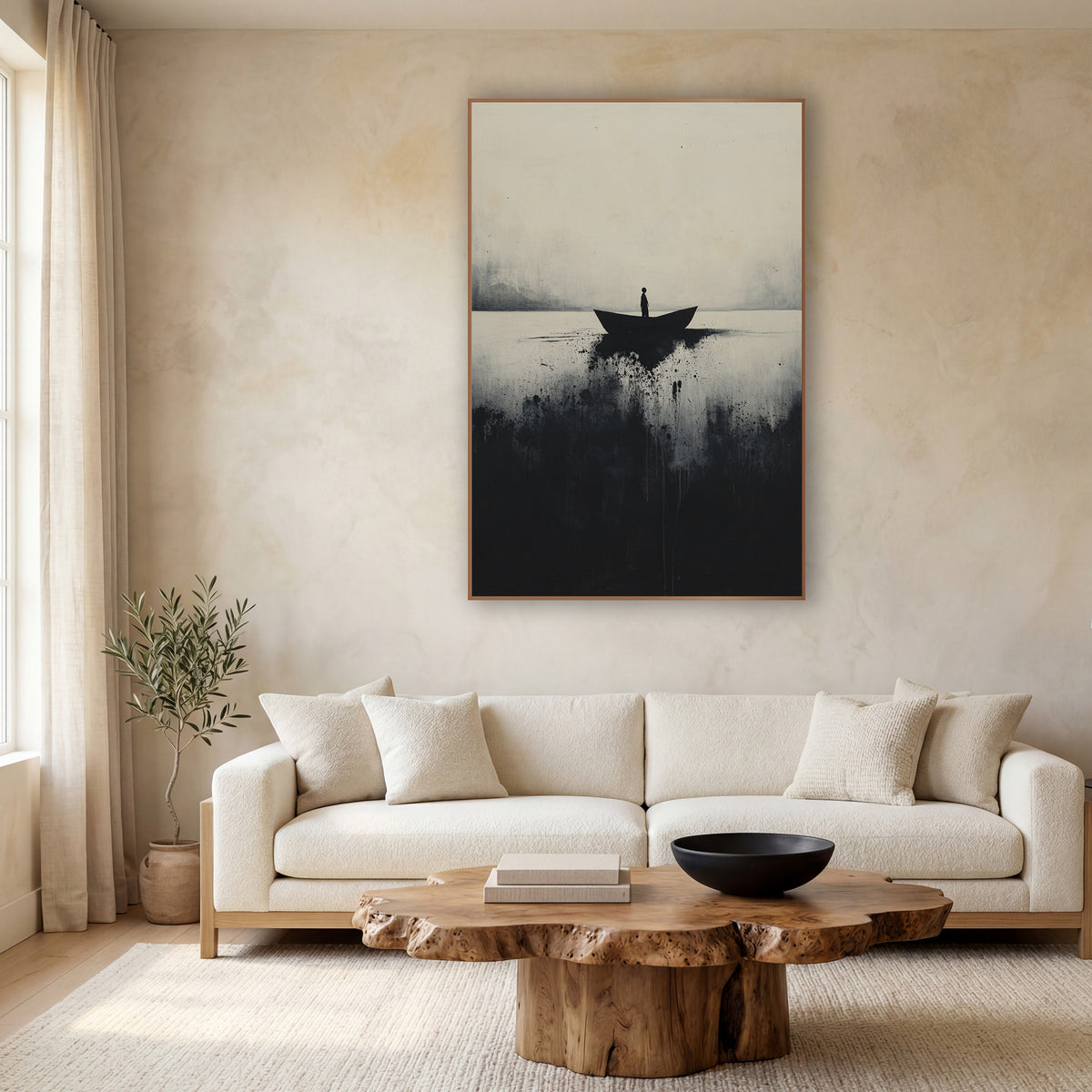 Lone Boat Misty Lake Japandi wall art in a calm Japandi-style room – lone figure standing in a small dark boat on pale