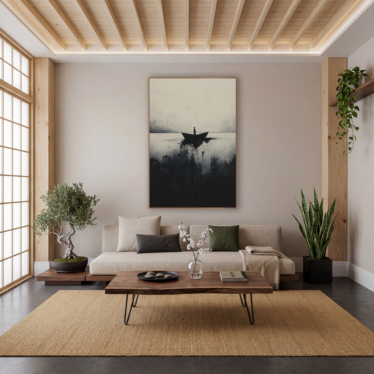 Lone Boat Misty Lake Japandi wall art in a calm Japandi-style room – lone figure standing in a small dark boat on pale
