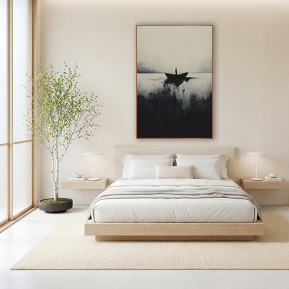 Lone Boat Misty Lake Japandi wall art in a calm Japandi-style room – lone figure standing in a small dark boat on pale