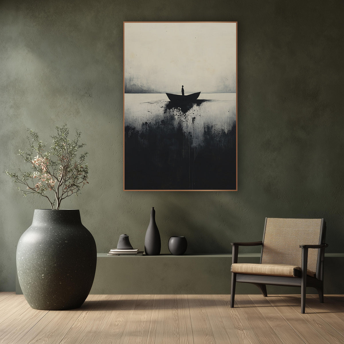 Lone Boat Misty Lake Japandi wall art in a calm Japandi-style room – lone figure standing in a small dark boat on pale