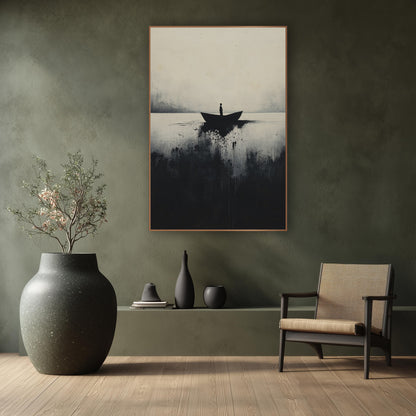 Lone Boat Misty Lake Japandi wall art in a calm Japandi-style room – lone figure standing in a small dark boat on pale