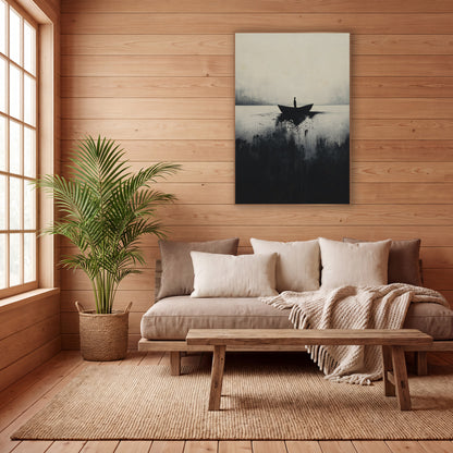 Lone Boat Misty Lake Japandi wall art in a calm Japandi-style room – lone figure standing in a small dark boat on pale