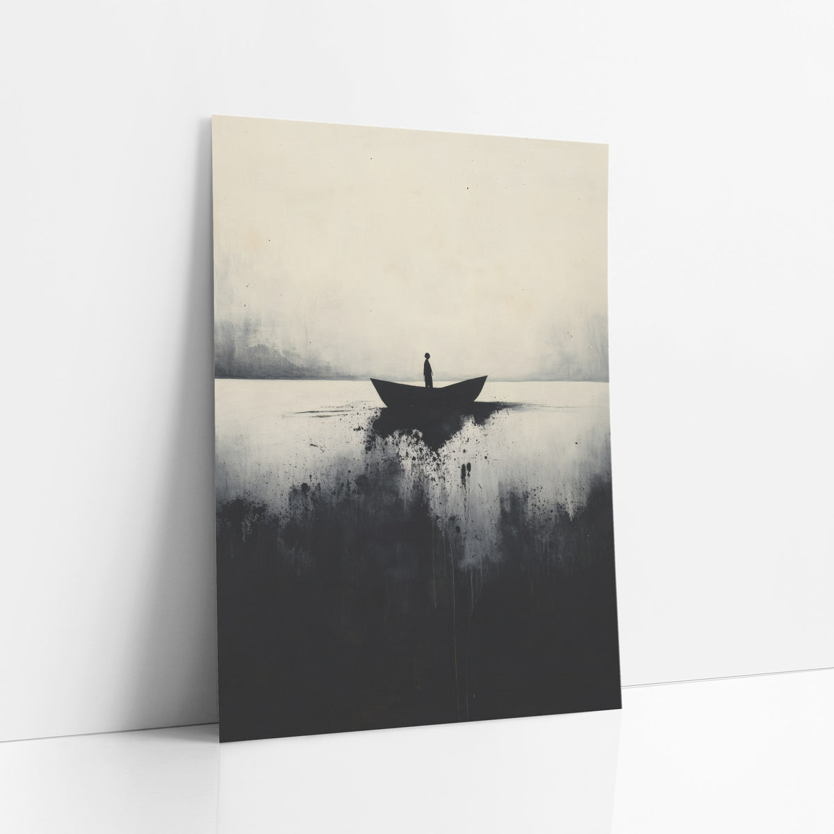 Lone Boat Misty Lake Japandi art print leaning against a white wall – lone figure standing in a small dark boat on pale still