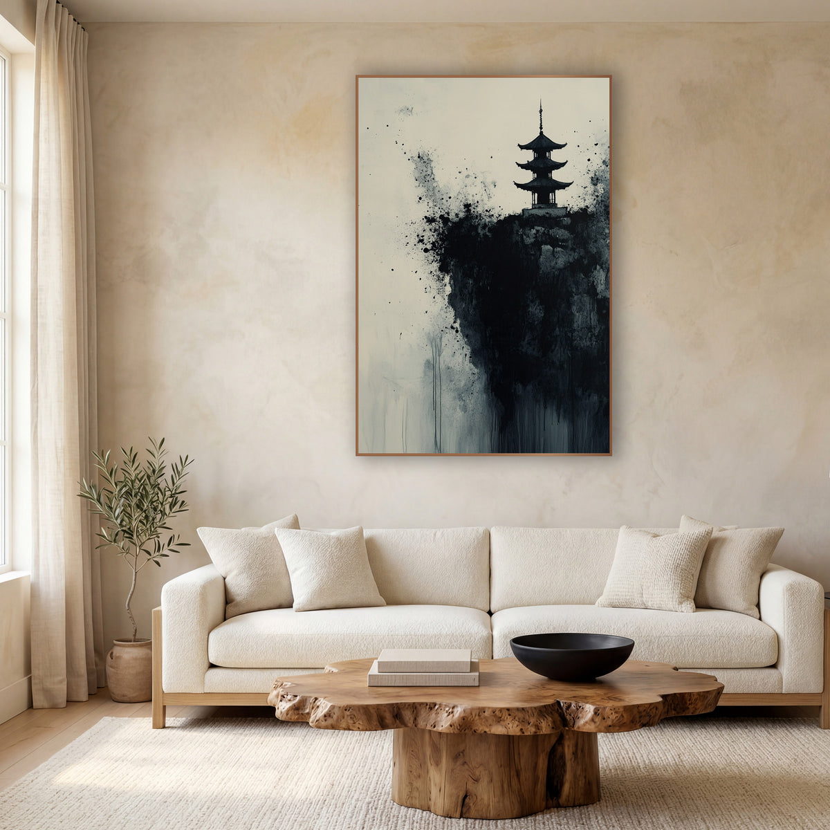 Three Tier Pagoda Splatter Ink wall art in a calm Japandi-style room – black ink pagoda on a dark rocky cliff