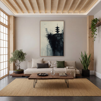 Three Tier Pagoda Splatter Ink wall art in a calm Japandi-style room – black ink pagoda on a dark rocky cliff