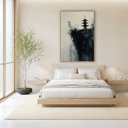 Three Tier Pagoda Splatter Ink wall art in a calm Japandi-style room – black ink pagoda on a dark rocky cliff