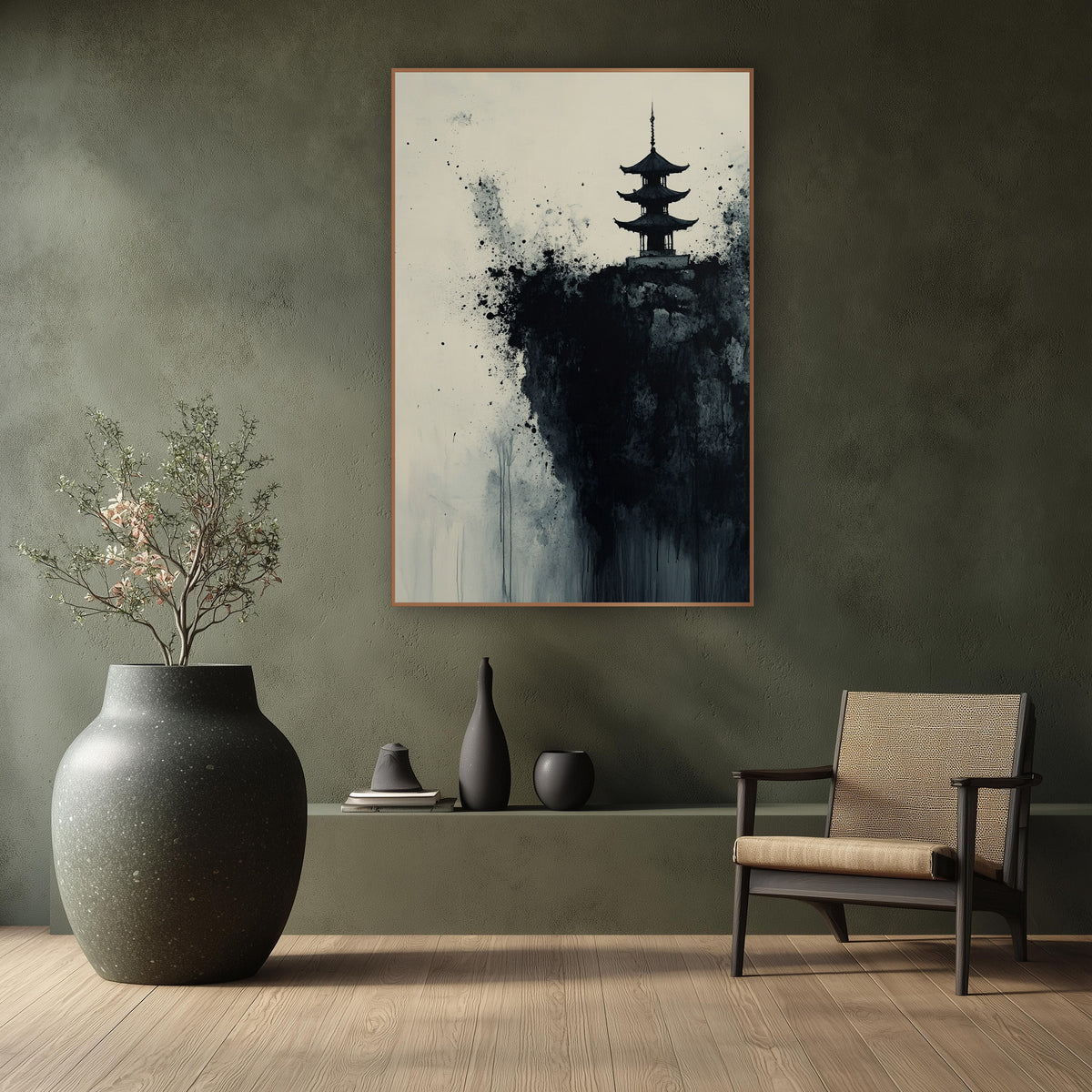 Three Tier Pagoda Splatter Ink wall art in a calm Japandi-style room – black ink pagoda on a dark rocky cliff