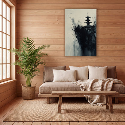 Three Tier Pagoda Splatter Ink wall art in a calm Japandi-style room – black ink pagoda on a dark rocky cliff