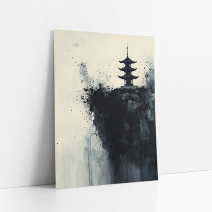 Three Tier Pagoda Splatter Ink art print leaning against a white wall – black ink pagoda on a dark rocky cliff with splatters