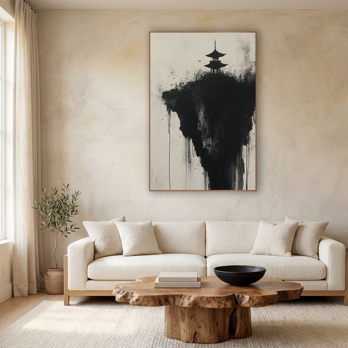 Floating Crag Pagoda Dripping Ink wall art in a calm Japandi-style room – black ink pagoda silhouette on a dark cliff