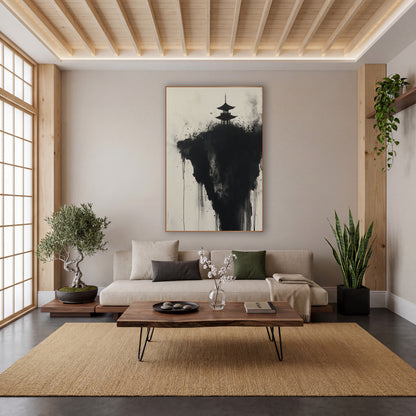 Floating Crag Pagoda Dripping Ink wall art in a calm Japandi-style room – black ink pagoda silhouette on a dark cliff