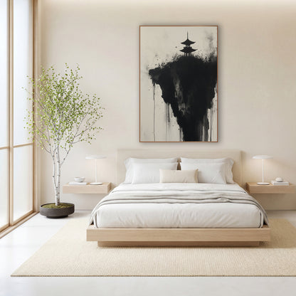Floating Crag Pagoda Dripping Ink wall art in a calm Japandi-style room – black ink pagoda silhouette on a dark cliff