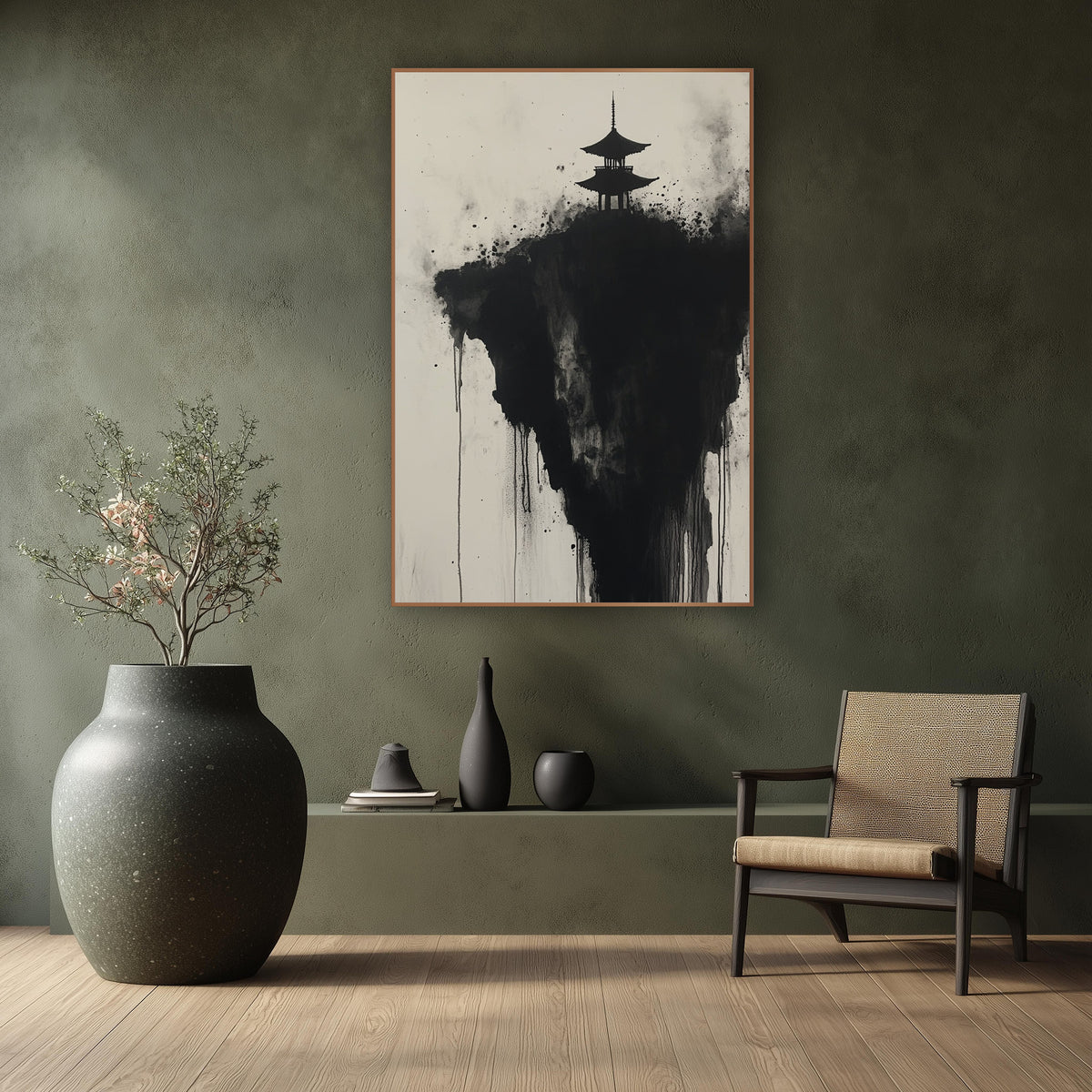 Floating Crag Pagoda Dripping Ink wall art in a calm Japandi-style room – black ink pagoda silhouette on a dark cliff